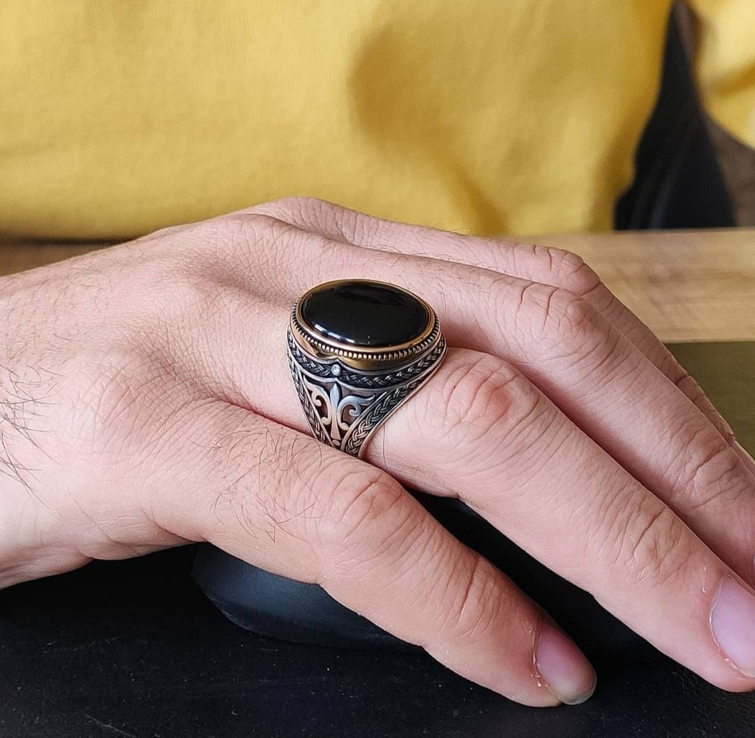 Zyan Gems | Unique Turkish Style Ring with Natural Black Onyx |  Sterling Silver Oxidized Ring