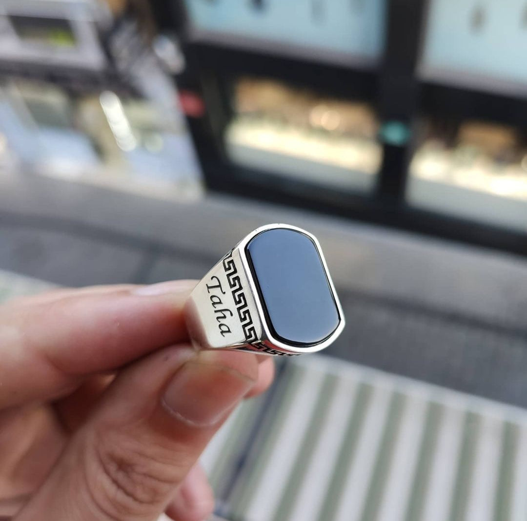 Zyan Gems | Unique Turkish Style Personalized Name Initial Ring with Natural Black Onyx |  Sterling Silver Oxidized Ring