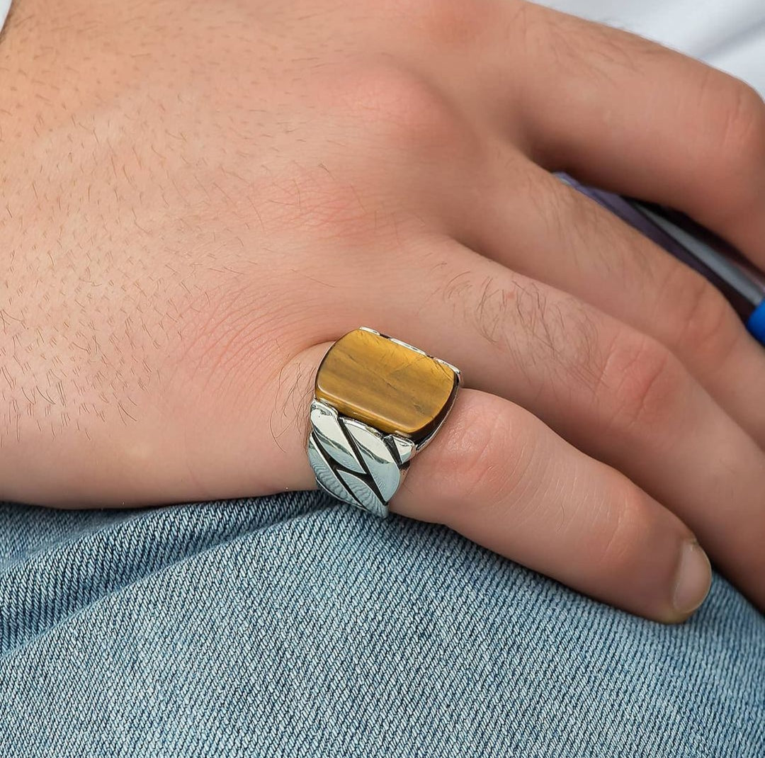 Zyan Gems | Unique Turkish Braided Style Ring with Natural Tiger Eye |  Sterling Silver Oxidized Ring