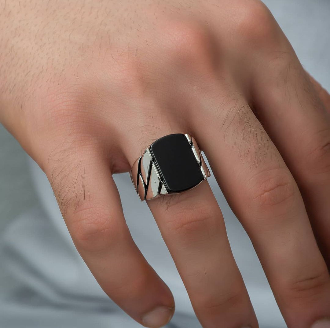 Zyan Gems | Unique Turkish Braided Style Ring with Natural Black Onyx |  Sterling Silver Oxidized Ring