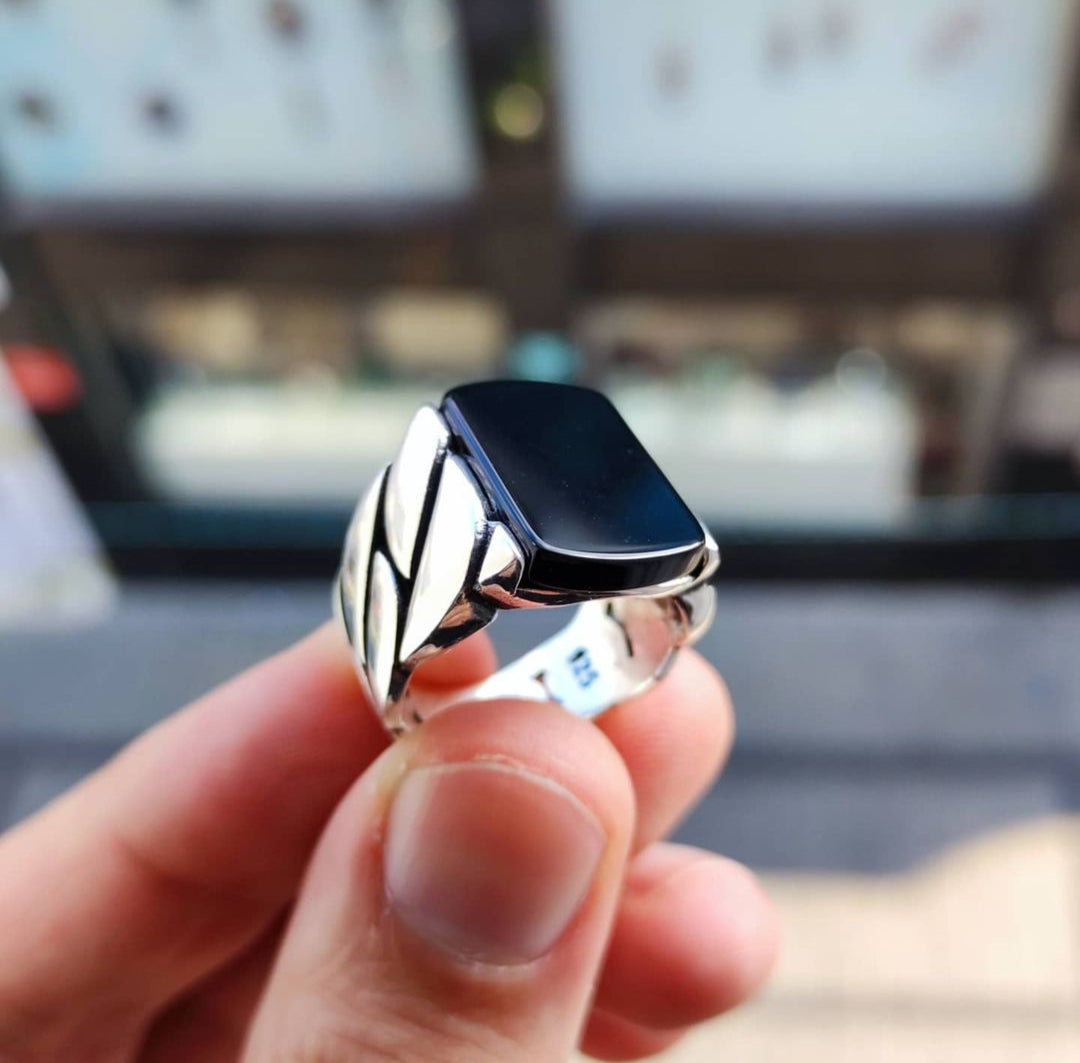 Zyan Gems | Unique Turkish Braided Style Ring with Natural Black Onyx |  Sterling Silver Oxidized Ring