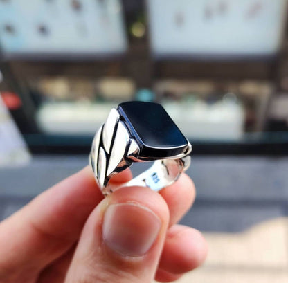 Zyan Gems | Unique Turkish Braided Style Ring with Natural Black Onyx |  Sterling Silver Oxidized Ring