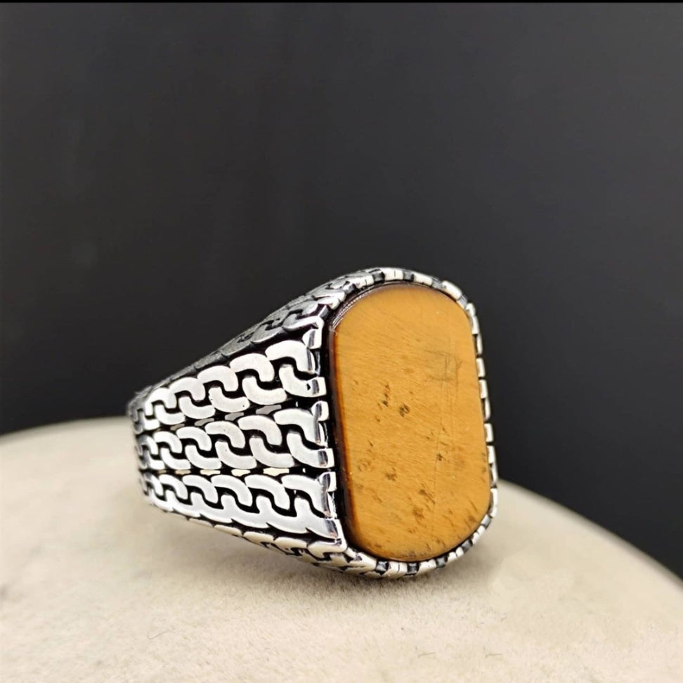 Zyan Gems | Unique Turkish  Style Ring with Natural Tiger Eye |  Sterling Silver Oxidized Ring