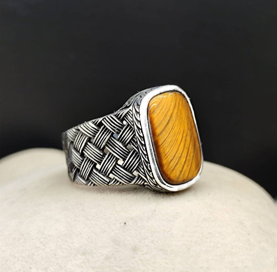 Zyan Gems | Unique Turkish Style Ring with Natural Tiger Eye |  Sterling Silver Oxidized Ring