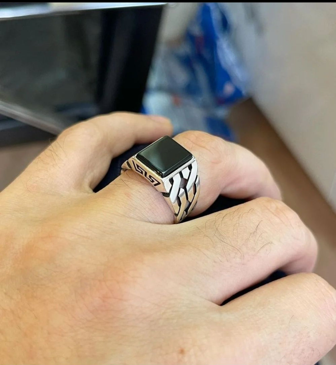 Zyan Gems | Unique Turkish  Style Ring with Natural Black Onyx |  Sterling Silver Oxidized Ring