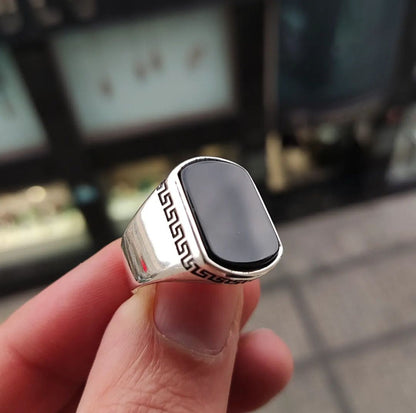 Zyan Gems | Unique Turkish Style Personalized Name Initial Ring with Natural Black Onyx |  Sterling Silver Oxidized Ring