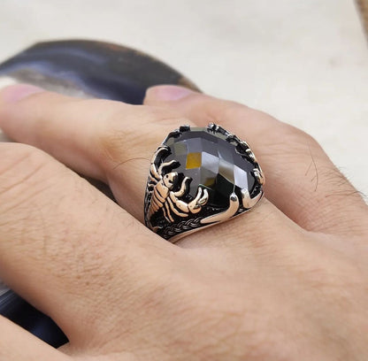 Zyan Gems | Unique Turkish Style Scorpion Ring with Faceted Black Zircon |  Sterling Silver Oxidized Zodiac Ring
