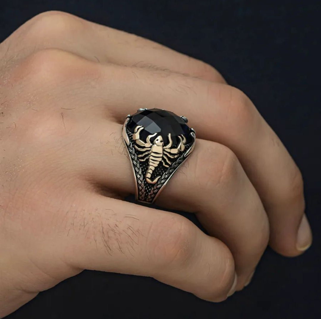 Zyan Gems | Unique Turkish Style Scorpion Ring with Faceted Black Zircon |  Sterling Silver Oxidized Zodiac Ring