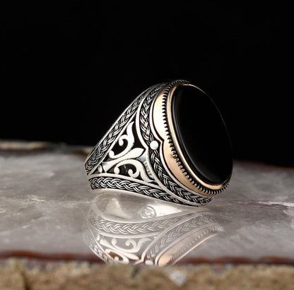 Zyan Gems | Unique Turkish Style Ring with Natural Black Onyx |  Sterling Silver Oxidized Ring