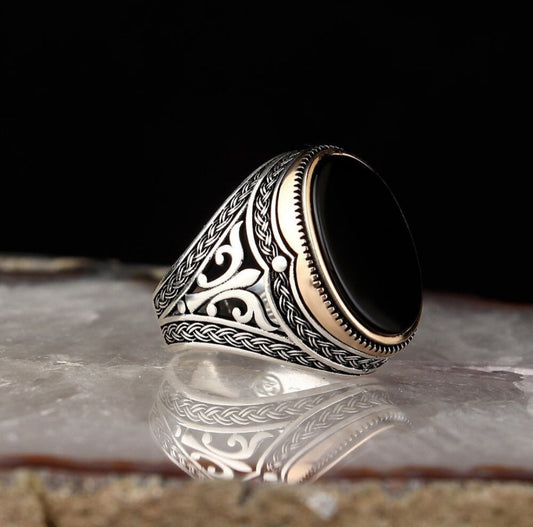 Zyan Gems | Unique Turkish Style Ring with Natural Black Onyx |  Sterling Silver Oxidized Ring