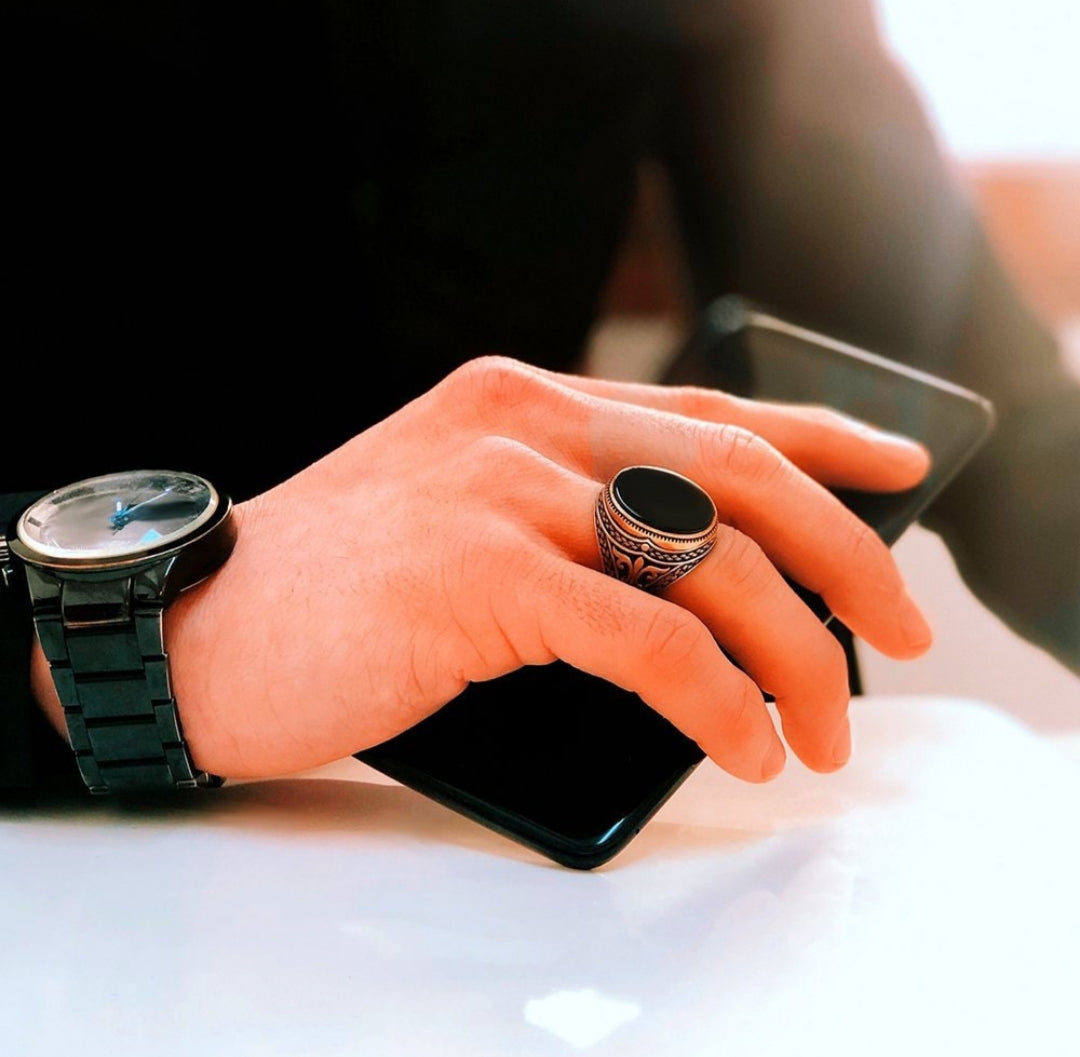 Zyan Gems | Unique Turkish Style Ring with Natural Black Onyx |  Sterling Silver Oxidized Ring