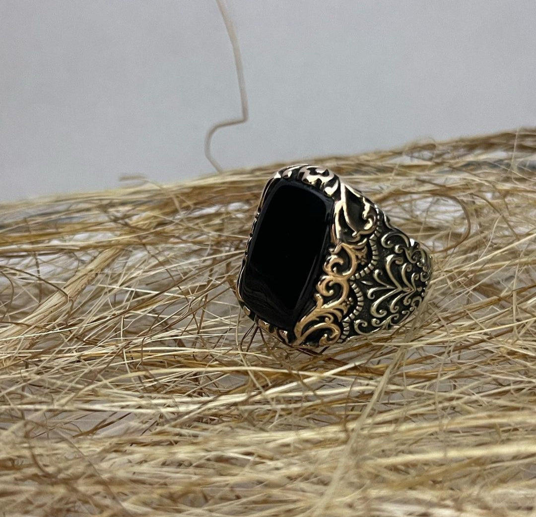Zyan Gems | Unique Turkish Style Ring with Natural Black Onyx |  Sterling Silver Oxidized Ring