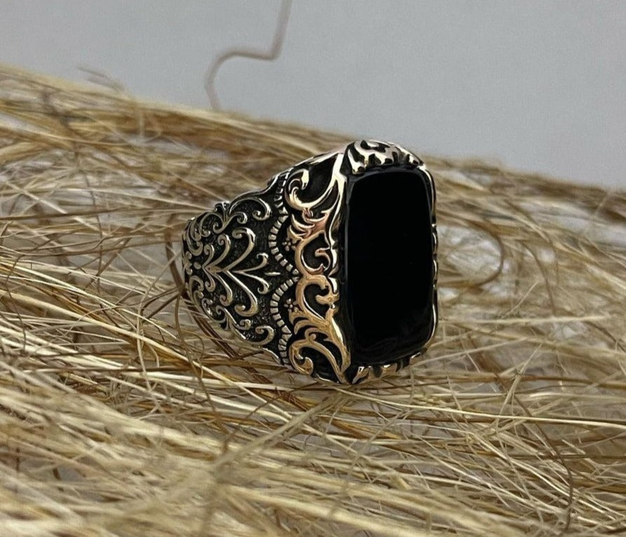 Zyan Gems | Unique Turkish Style Ring with Natural Black Onyx |  Sterling Silver Oxidized Ring