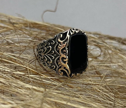 Zyan Gems | Unique Turkish Style Ring with Natural Black Onyx |  Sterling Silver Oxidized Ring