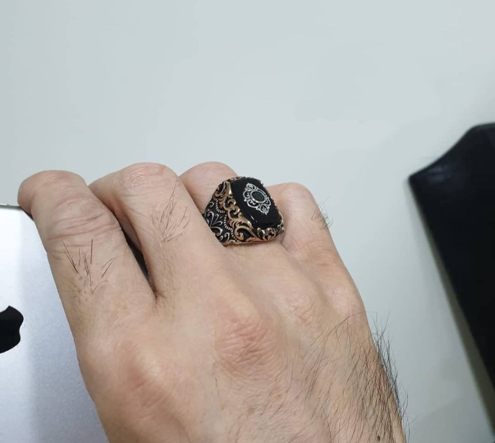 Zyan Gems | Unique Turkish Style Ring with Natural Black Onyx |  Sterling Silver Oxidized Ring