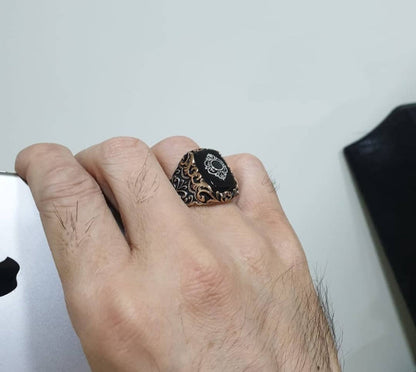 Zyan Gems | Unique Turkish Style Ring with Natural Black Onyx |  Sterling Silver Oxidized Ring