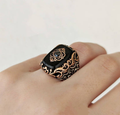 Zyan Gems | Unique Turkish Style Ring with Natural Black Onyx |  Sterling Silver Oxidized Ring