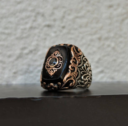 Zyan Gems | Unique Turkish Style Ring with Natural Black Onyx |  Sterling Silver Oxidized Ring