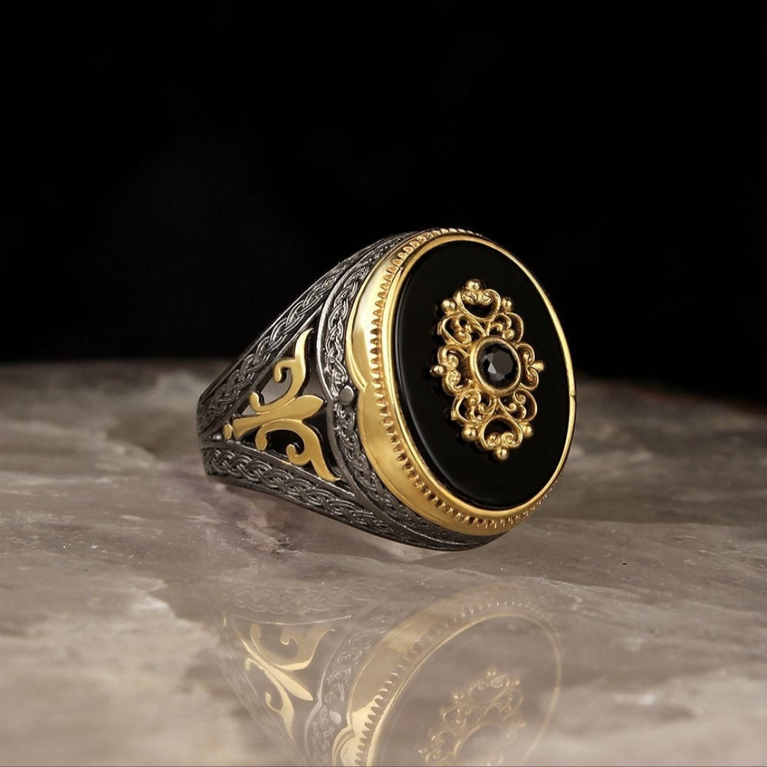 Zyan Gems | Unique Turkish Style Ring with Natural Black Onyx | Black Rhodium & Gold Plated  Sterling Silver Ring