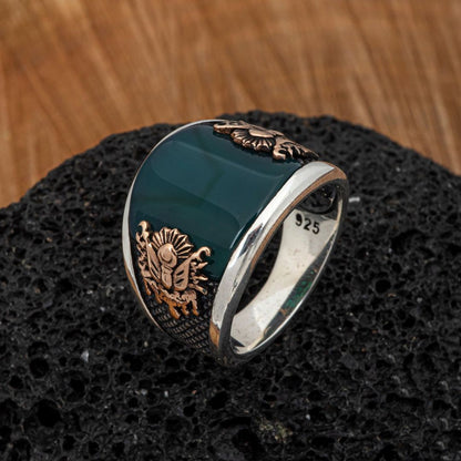 Zyan Gems | Unique Turkish Style Curved Ring with Green Onyx |  Sterling Silver Oxidized Ring