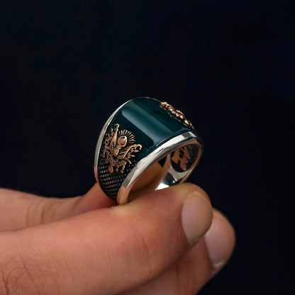 Zyan Gems | Unique Turkish Style Curved Ring with Green Onyx |  Sterling Silver Oxidized Ring