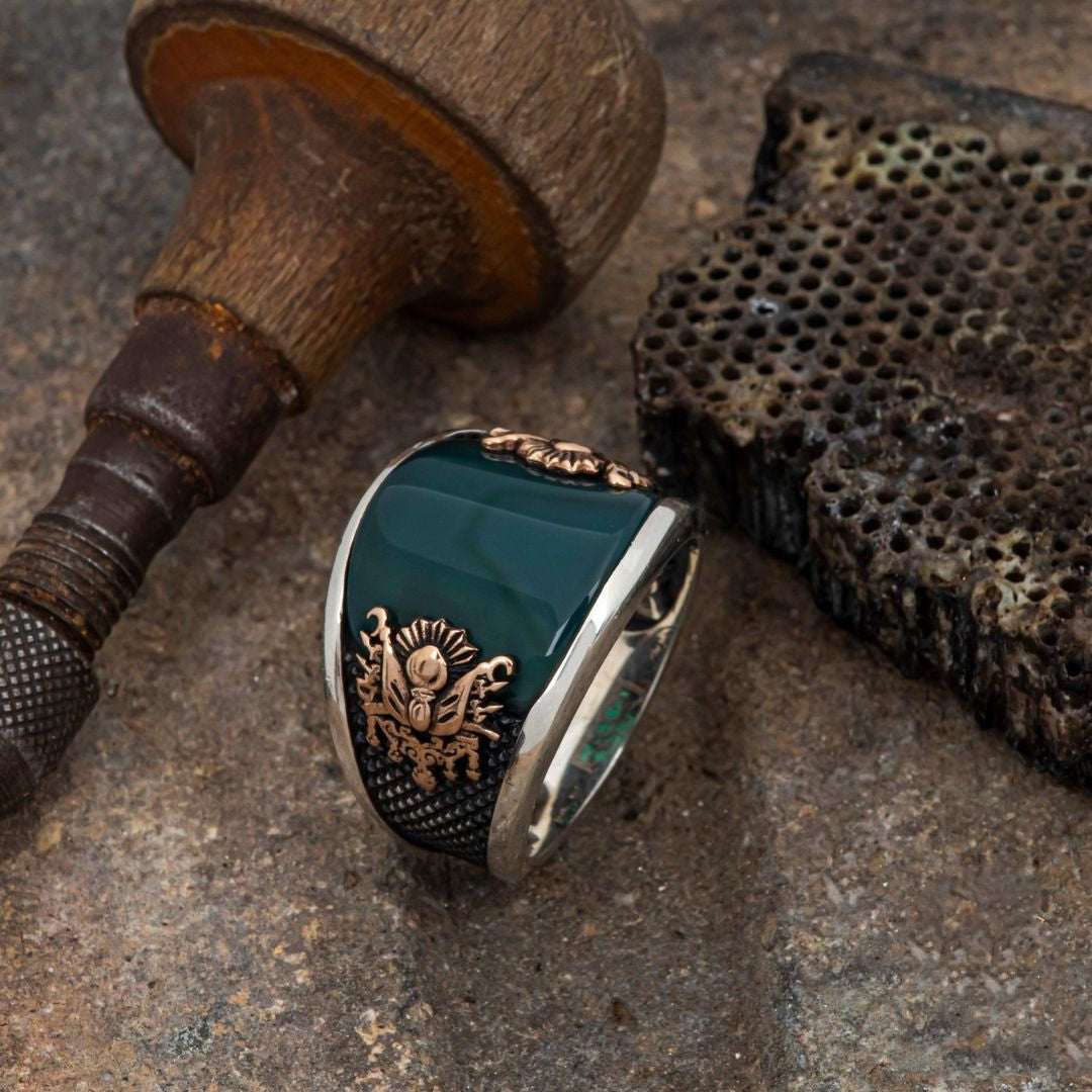 Zyan Gems | Unique Turkish Style Curved Ring with Green Onyx |  Sterling Silver Oxidized Ring