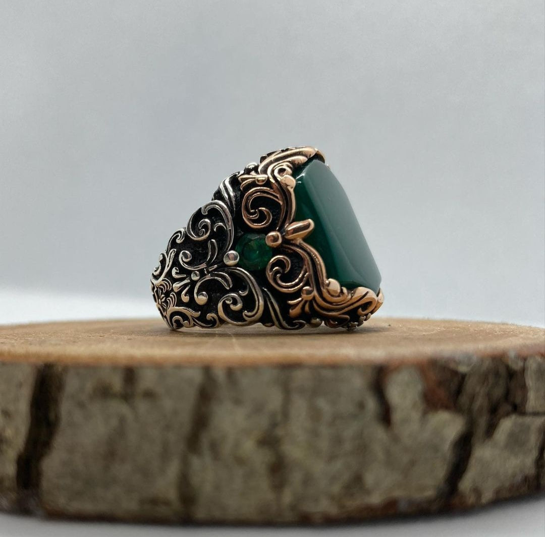 Zyan Gems | Unique Turkish Style Ring with Natural Green Onyx |  Sterling Silver Oxidized Ring