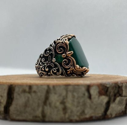 Zyan Gems | Unique Turkish Style Ring with Natural Green Onyx |  Sterling Silver Oxidized Ring