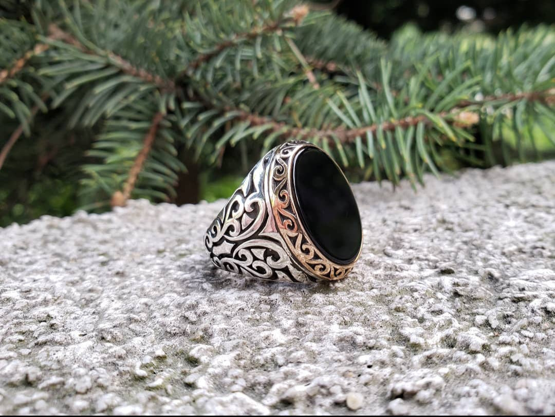 Zyan Gems | Unique Turkish Style Ring with Natural Black Onyx |  Sterling Silver Oxidized Ring