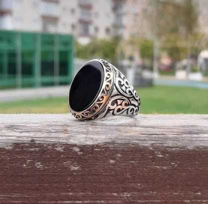 Zyan Gems | Unique Turkish Style Ring with Natural Black Onyx |  Sterling Silver Oxidized Ring