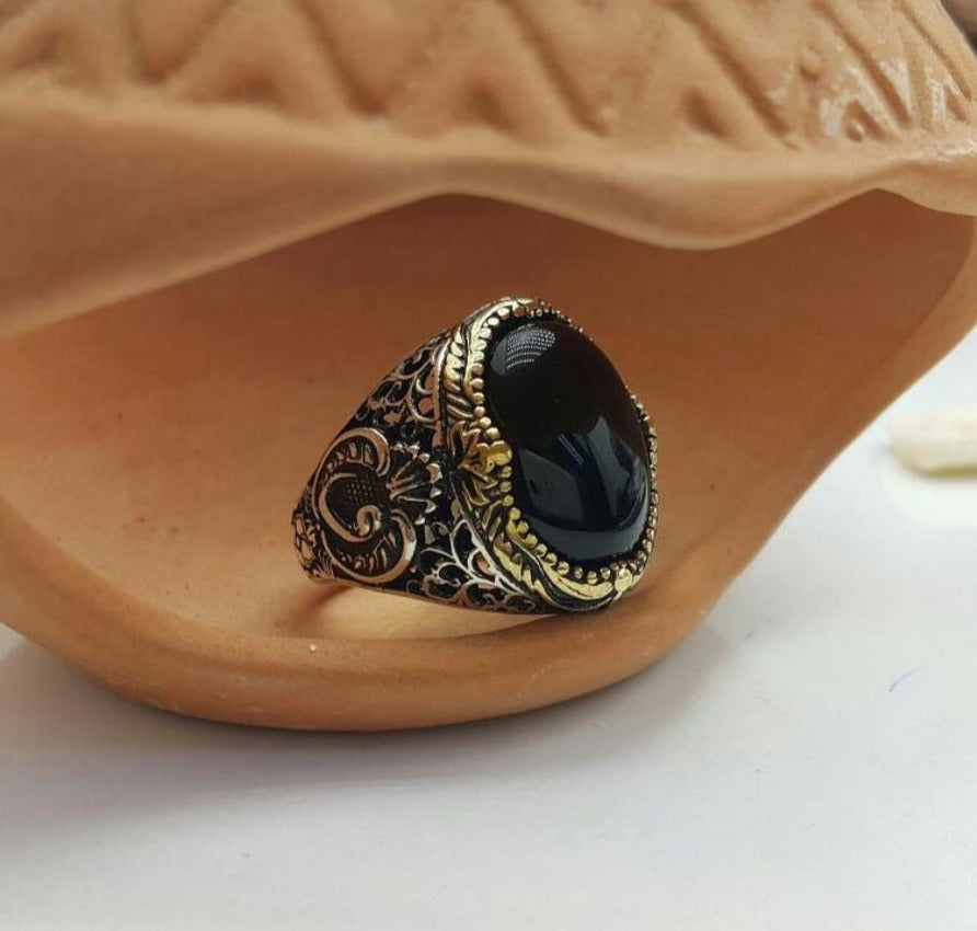 Zyan Gems | Unique Turkish Style Ring with Natural Black Onyx |  Sterling Silver Oxidized Ring