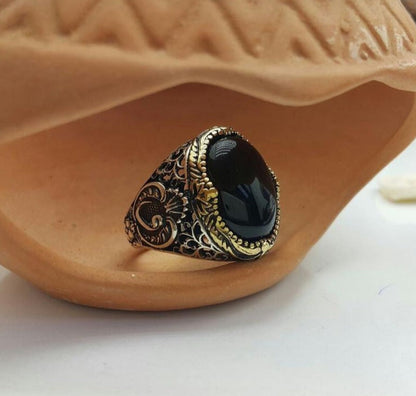 Zyan Gems | Unique Turkish Style Ring with Natural Black Onyx |  Sterling Silver Oxidized Ring