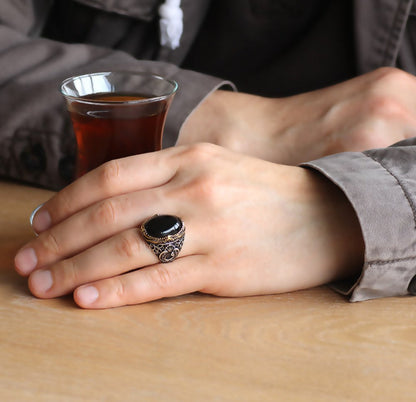 Zyan Gems | Unique Turkish Style Ring with Natural Black Onyx |  Sterling Silver Oxidized Ring