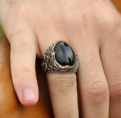 Zyan Gems | Unique Turkish Style Ring with Natural Black Onyx |  Sterling Silver Oxidized Ring