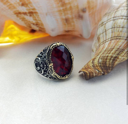 Zyan Gems | Unique Turkish Style Ring with Faceted Red Zircon |  Sterling Silver Oxidized Ring