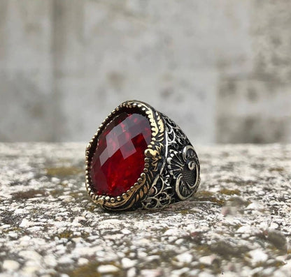 Zyan Gems | Unique Turkish Style Ring with Faceted Red Zircon |  Sterling Silver Oxidized Ring
