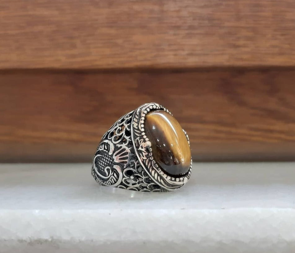 Zyan Gems | Unique Turkish Style Ring with Natural Tiger Eye |  Sterling Silver Oxidized Ring