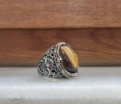 Zyan Gems | Unique Turkish Style Ring with Natural Tiger Eye |  Sterling Silver Oxidized Ring