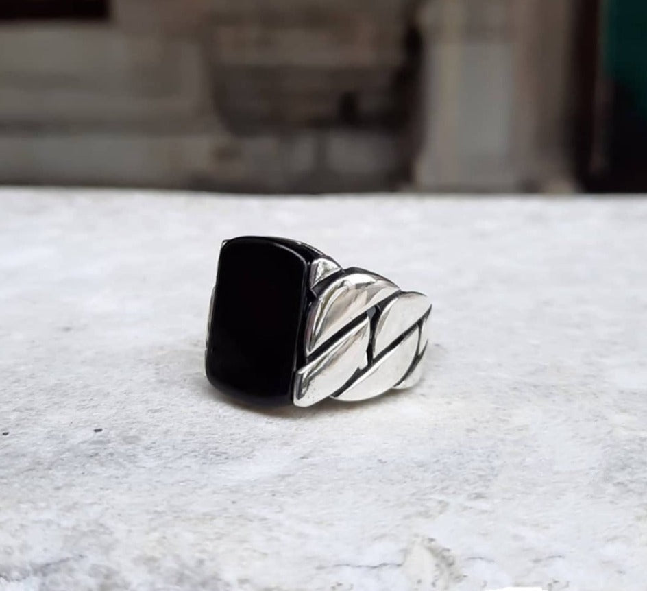 Zyan Gems | Unique Turkish Braided Style Ring with Natural Black Onyx |  Sterling Silver Oxidized Ring