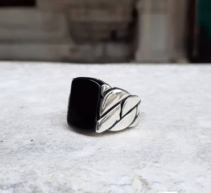 Zyan Gems | Unique Turkish Braided Style Ring with Natural Black Onyx |  Sterling Silver Oxidized Ring