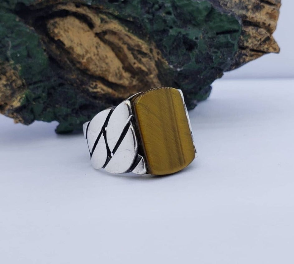 Zyan Gems | Unique Turkish Braided Style Ring with Natural Tiger Eye |  Sterling Silver Oxidized Ring