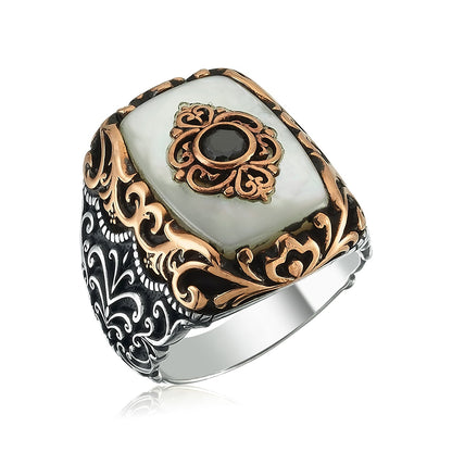 Zyan Gems | Unique Turkish Style Ring with Natural Pearl |  Sterling Silver Oxidized Ring