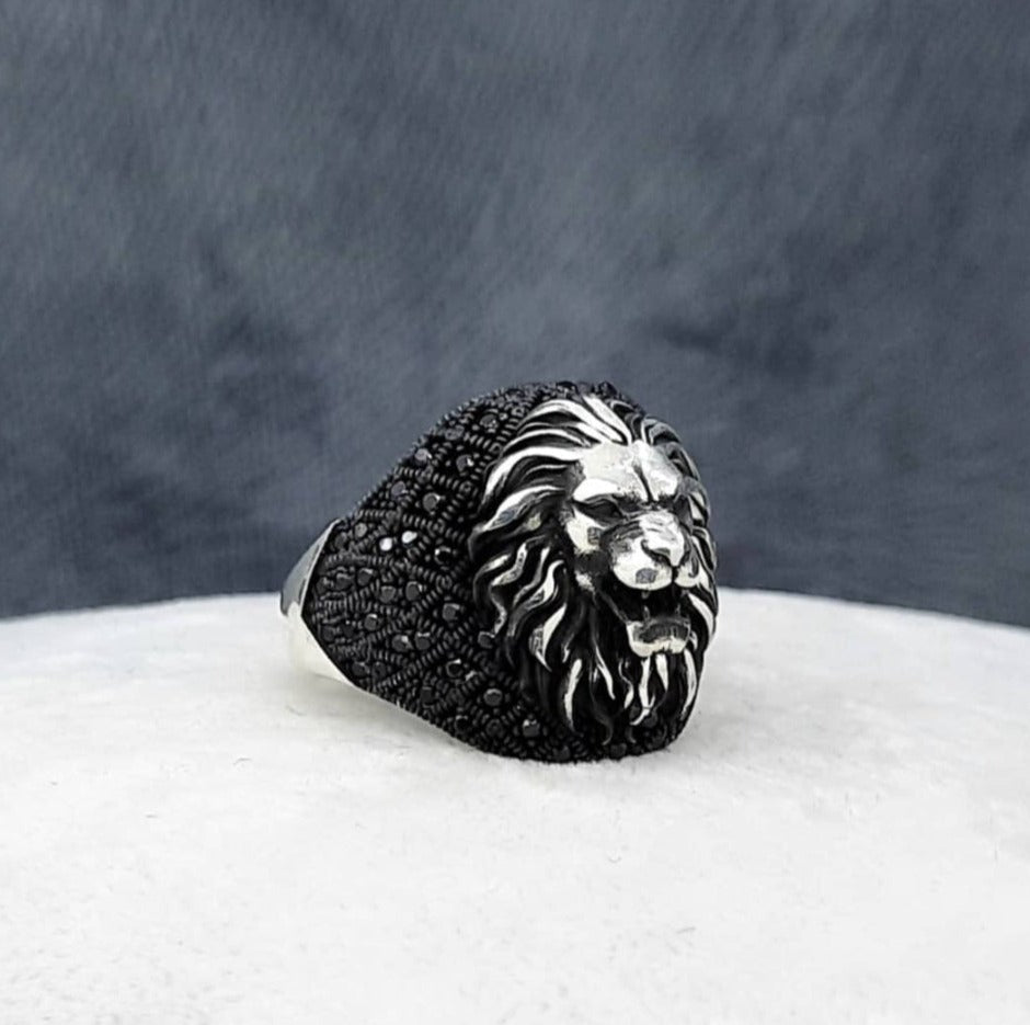 Zyan Gems | Unique Turkish Style Oxidized Silver Lion Ring with Black Zircon|  Sterling Silver Oxidized Ring
