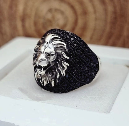Zyan Gems | Unique Turkish Style Oxidized Silver Lion Ring with Black Zircon|  Sterling Silver Oxidized Ring