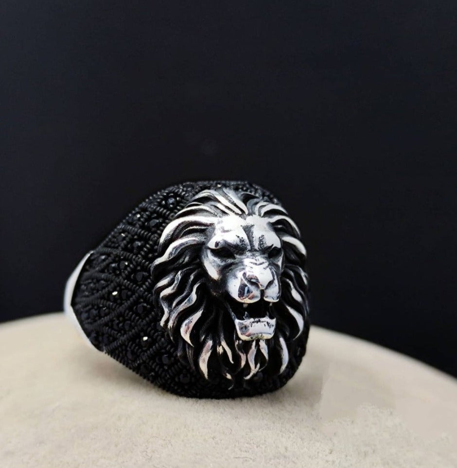 Zyan Gems | Unique Turkish Style Oxidized Silver Lion Ring with Black Zircon|  Sterling Silver Oxidized Ring