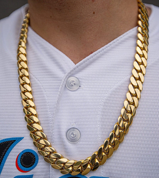 Zyan Gems | 16mm Wide Solid Miami Cuban Link Chain |  Gold Micron Plated  Sterling Silver Chain