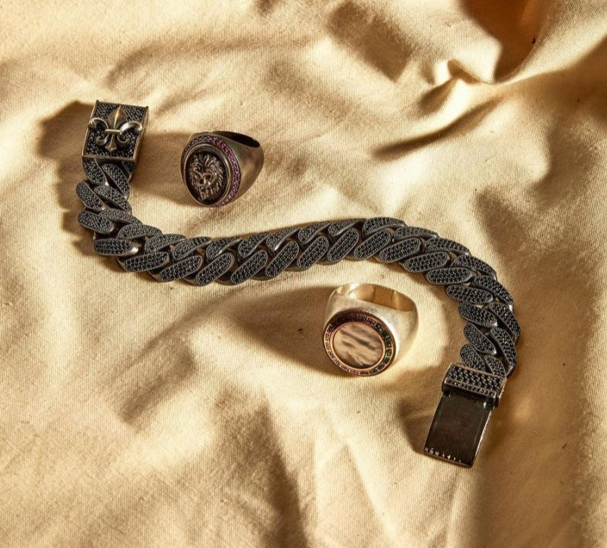 16mm Unique Fleur-De-Lis Black Iced Cuban Link Bracelet for Men | Dark Oxidized 925 Silver Bracelet Jewelry Authenticity and 925