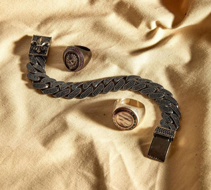 16mm Unique Fleur-De-Lis Black Iced Cuban Link Bracelet for Men | Dark Oxidized 925 Silver Bracelet Jewelry Authenticity and 925