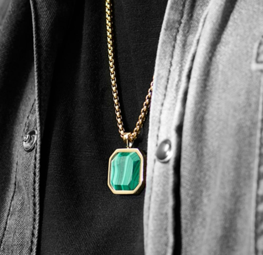 Zyan Gems | Unique Designed  Gold Micron Plated Silver Pendant in Natural Malachite for Men,  Sterling Silver Pendant