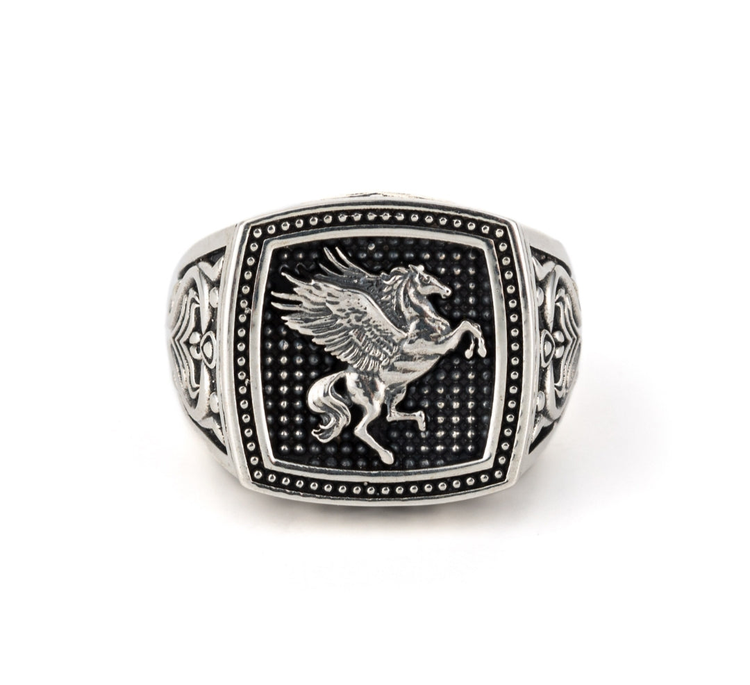 Exclusive Horse (Pegasus) Vintage Byzantine Style Signet Ring, Oxidized Sterling Silver  Ring Authenticity and